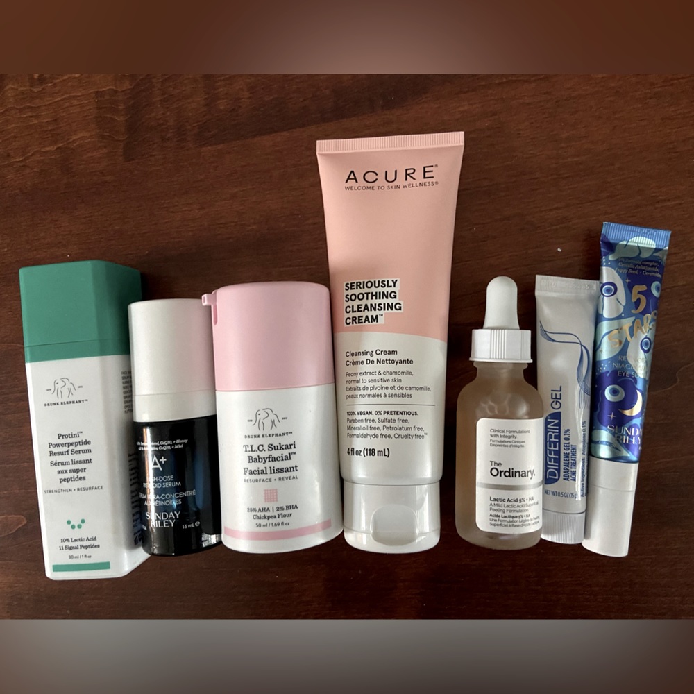 High end beauty products Differin Drunk Elephant Sunday Riley Ordinary